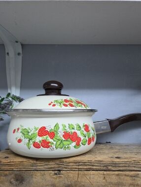 Vintage Sheffield Strawberry-Print Saucepan with Lid